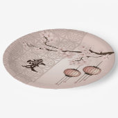 Braune Spitzen-Laternen und Blüte "Liebe" Pappteller (Schrägansicht)