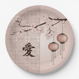 Braune Spitzen-Laternen und Blüte "Liebe" Pappteller