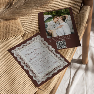 Braune Spitzendeckchen-Hochzeits-QR-Code-Foto Einladung