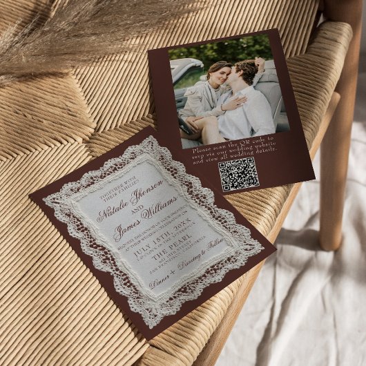 Braune Spitzendeckchen-Hochzeits-QR-Code-Foto  Einladung