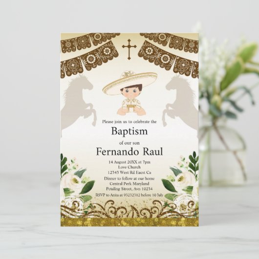 Braune Taufe für Junge Einladung (Stehend Vorderseite)