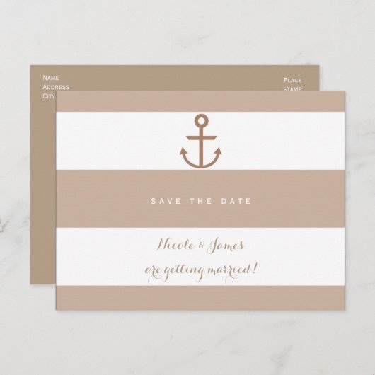 Braune Taupe und weißer Strickanker Save the Date Ankündigungspostkarte (Vorne/Hinten)