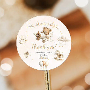 Braune Teddybär-Flugzeug-Baby-Party Runder Aufkleber