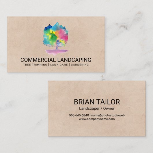Braune Textur | Aquarellbaum Visitenkarte (Vorne/Hinten)
