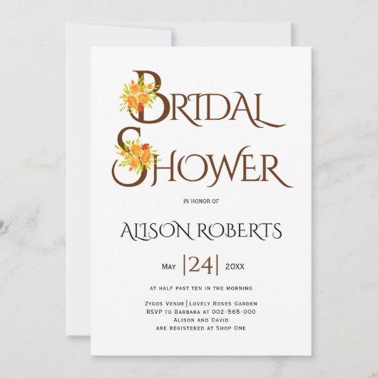 Braune Typografie, orangefarbene Rose fallen Braut Einladung (Vorderseite)