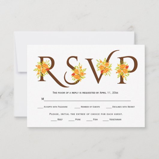 Braune Typografie, orangefarbene Rose Hochzeit-RSV RSVP Karte (Vorderseite)