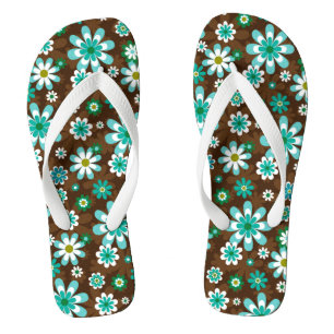 Braune und blaue Retro-Mod-Blume Badesandalen