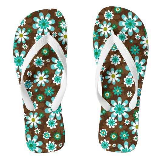 Braune und blaue Retro-Mod-Blume Badesandalen (Fußbett)