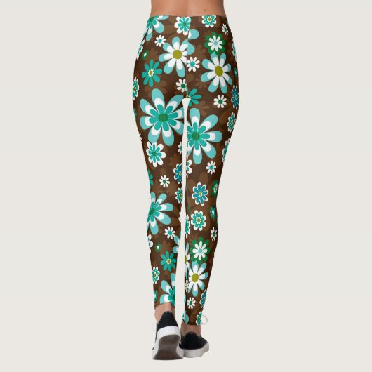 Braune und blaue Retro-Mod-Blume Leggings (Rückseite)