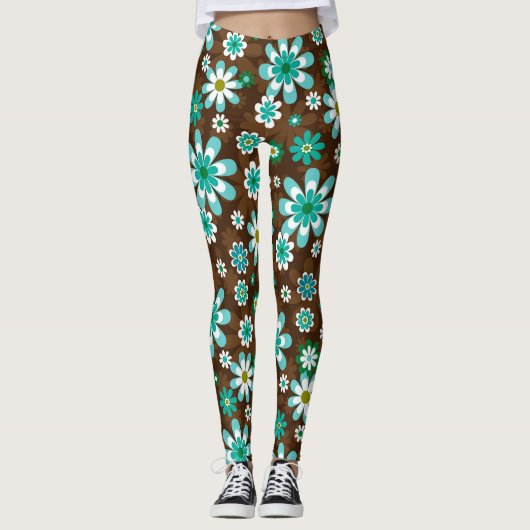 Braune und blaue Retro-Mod-Blume Leggings (Vorderseite)