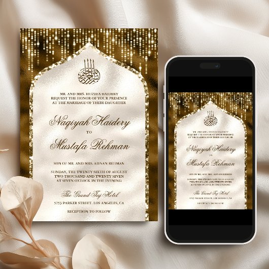 Braune und Elfenbeingoldene Glitzer-Moslemhochzeit Einladung