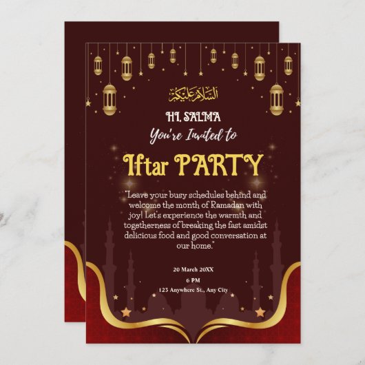 Braune und gelbe islamische Iftar-Party Einladung (Vorne/Hinten)
