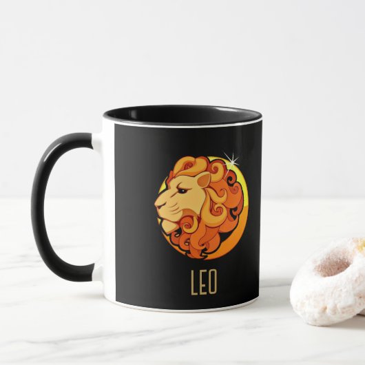 Braune und goldene Leo zodiac-Zeichen schwarz Tasse (Mit Donut)