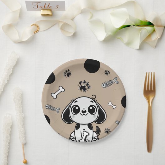 Braune und schwarze Fischknochen Welpenhund Geburt Pappteller (Hochzeit)