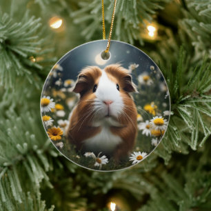 Braune und weiße Guinea Schweinemond und Milchprod Keramik Ornament