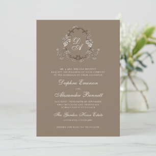 Braune Vintage-Blumen-Hochzeit mit Monogramm Einladung