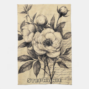 Braune Vintage-Blumen-Skizze auf gealtertem Papier Geschirrtuch