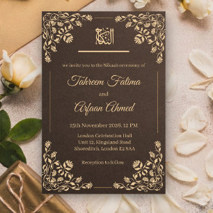 Braune Vintage-Creme-Blumen-Nikkah-Muslim-Hochzeit Einladung