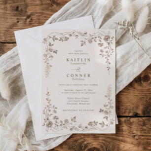 Braune Vintage-Hochzeit im französischen Blumendek Einladung