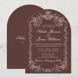 Braune Vintage-Hochzeit mit altem Geld und Bogen Einladung