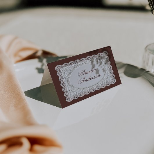 Braune Vintage-Hochzeitsplatzkarten mit Spitze Tischnummer