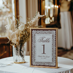 Braune Vintage-Hochzeitstisch-Nummer aus Spitze Einladung