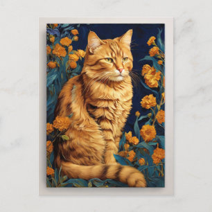 Braune Vintage-Katze Botanisch Blaues Porträt Van Postkarte