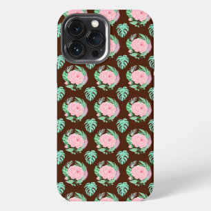Braune Vintage-Rosen, Monstera- und Feder-Muster iPhone 13 Pro Max Hülle