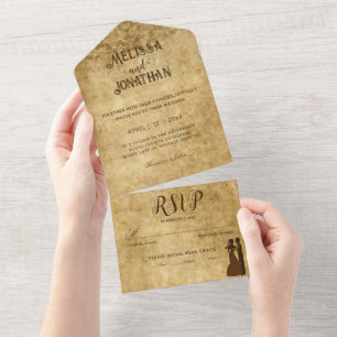 Braune Vintage-Rustikal-Hochzeit Braut Bräutigam All In One Einladung