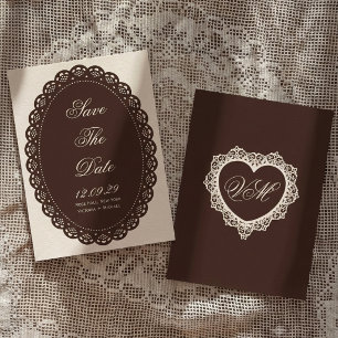 Braune Vintage-Spitzen-Oval-Doily-Hochzeit Save The Date