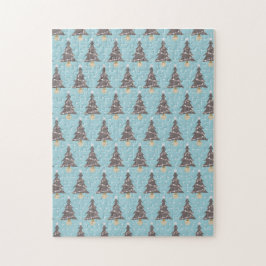 Braune Weihnachtsbaumen mit Schnee und blauer Umge Puzzle