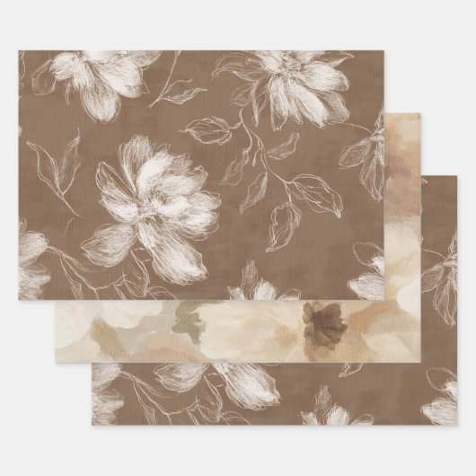 Braune Weiße Abstrakte Blumen Geburtstag Geschenkpapier Set (Set)
