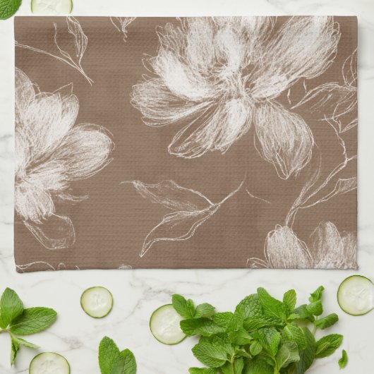Braune Weiße Abstrakte Blumen Geschirrtuch (Gefaltet)