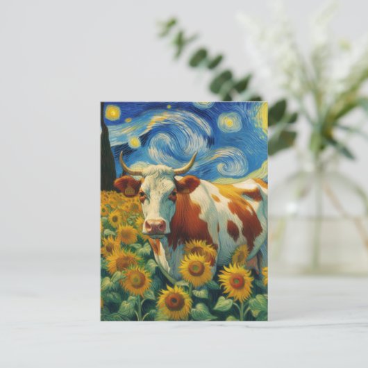 Braune weiße Kuh in Imitaten Van Gogh Sonnenblumen Postkarte (Stehend Vorderseite)