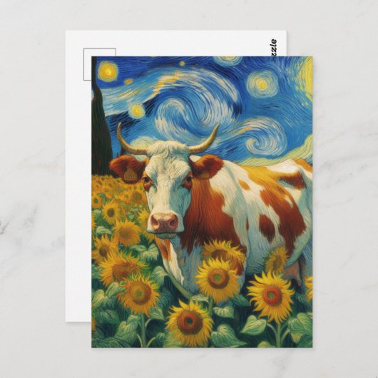 Braune weiße Kuh in Imitaten Van Gogh Sonnenblumen Postkarte (Vorne/Hinten)