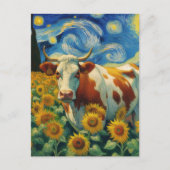 Braune weiße Kuh in Imitaten Van Gogh Sonnenblumen Postkarte (Vorderseite)