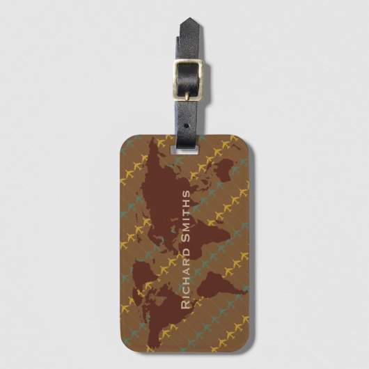 braune Weltkarte, Flugreise personalisiert Gepäckanhänger (Vorderseite Vertikal)