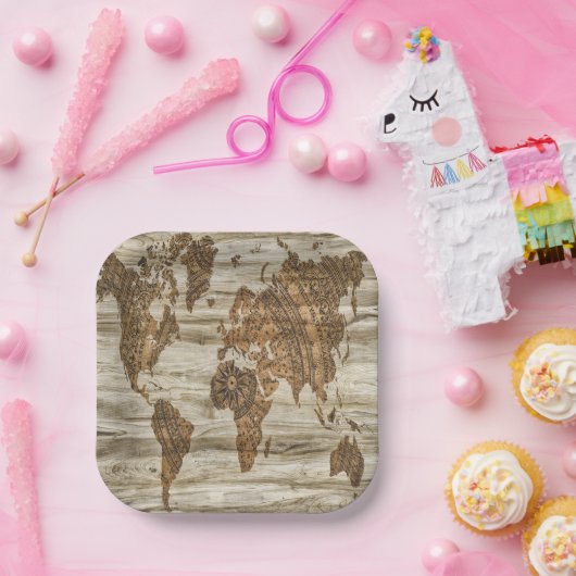 Braune Weltkarte Pappteller (Party)