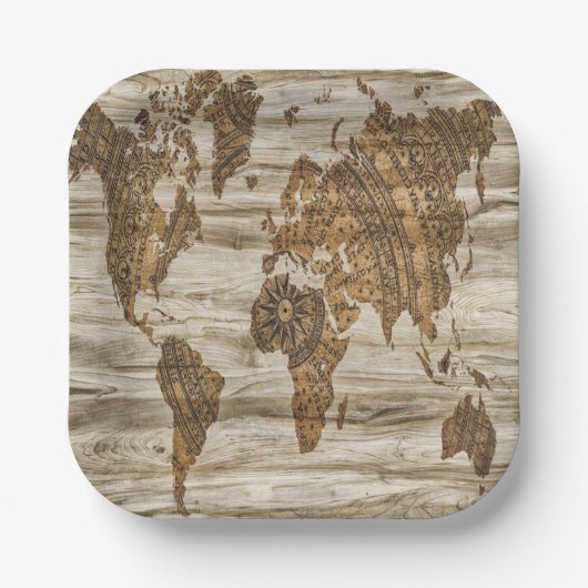 Braune Weltkarte Pappteller (Vorderseite)