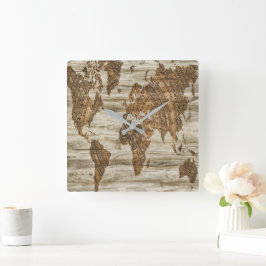 Braune Weltkarte Quadratische Wanduhr