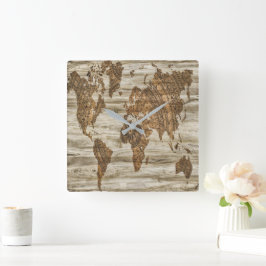 Braune Weltkarte Quadratische Wanduhr