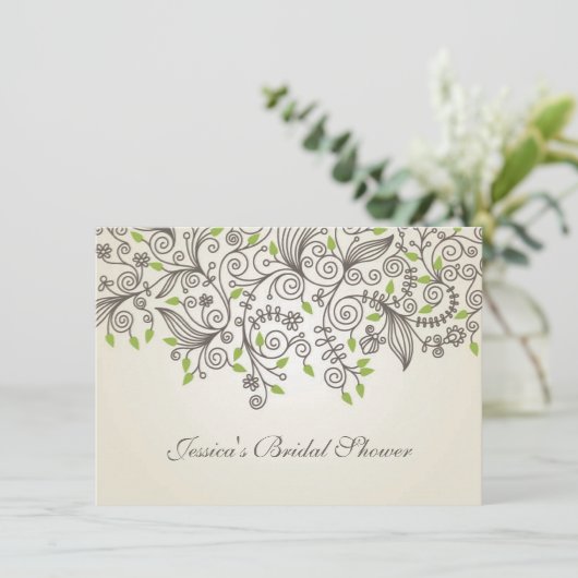 Braune Wirbel und grünes Blätter Brautparty Einladung (Stehend Vorderseite)