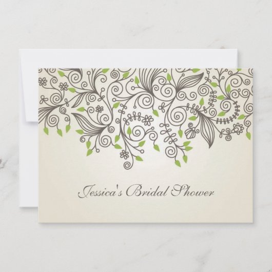 Braune Wirbel und grünes Blätter Brautparty Einladung (Vorderseite)