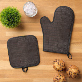 Brauner Alligator Textur Print Ofenhandschuh & Topflappen-Set