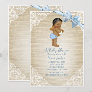 Brauner Baby-Bär und blaues Band Jute Baby Shower Einladung