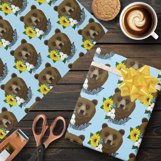 Brauner Bär Blüten Feather Geschenkpapier