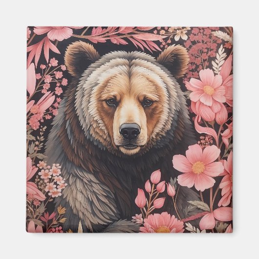 Brauner Bär faszinierend Blick Rosa Blume Magnet (Vorne)