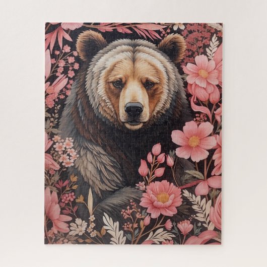 Brauner Bär faszinierend Blick Rosa Blume Puzzle (Vertikal)