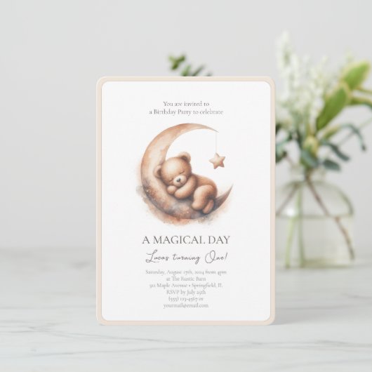 Brauner Bär im Aquarellbereich auf dem Mond Einladung (Stehend Vorderseite)