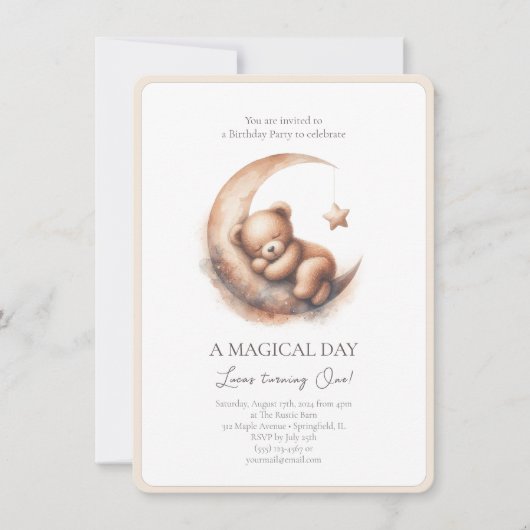 Brauner Bär im Aquarellbereich auf dem Mond Einladung (Vorderseite)